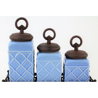 60002BLUE-RING-COP-CERAMIC CANISTER SET ROPE BLUE W/ RING COPPER LIDS